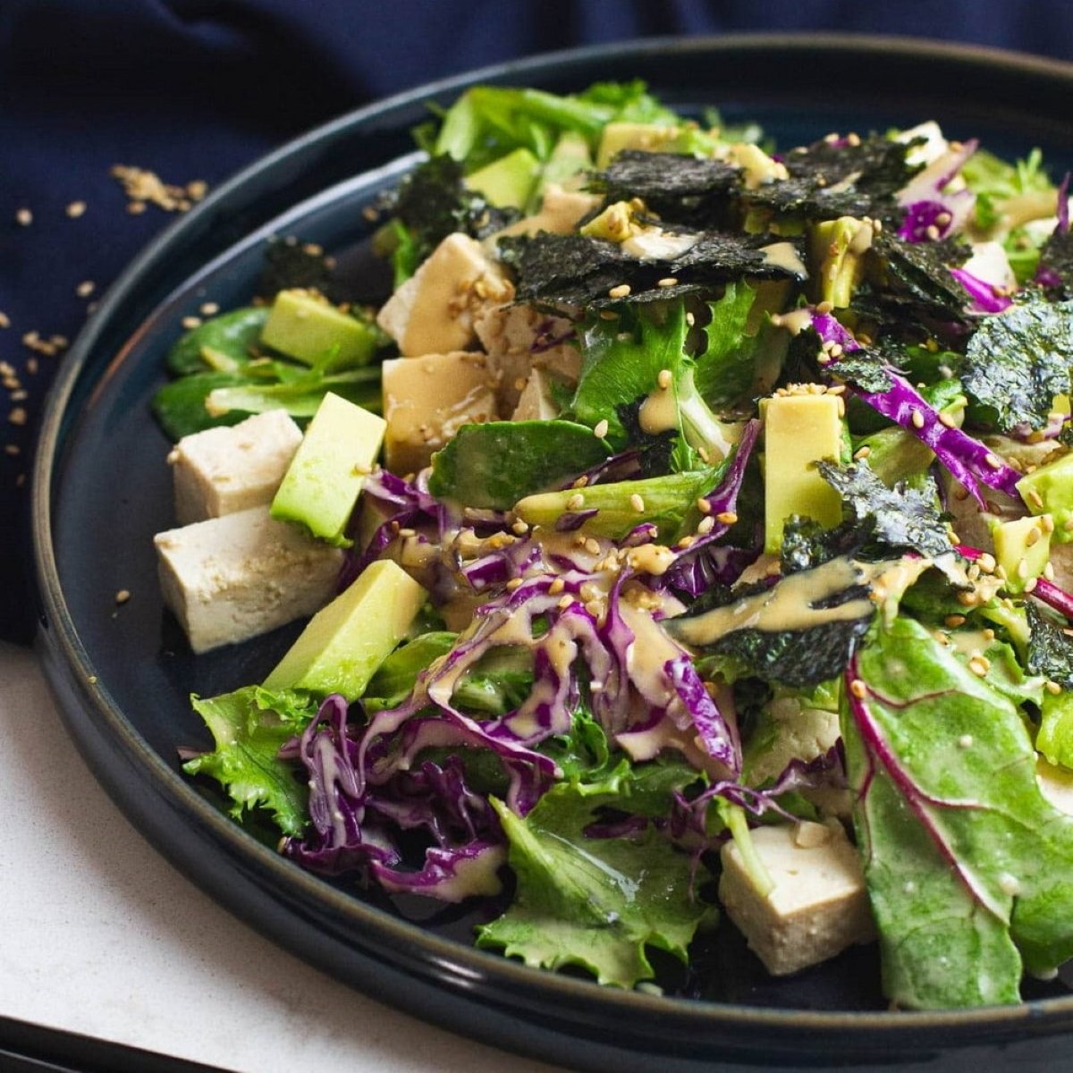 Tofu Avocado Salad With Creamy Sesame Dressing