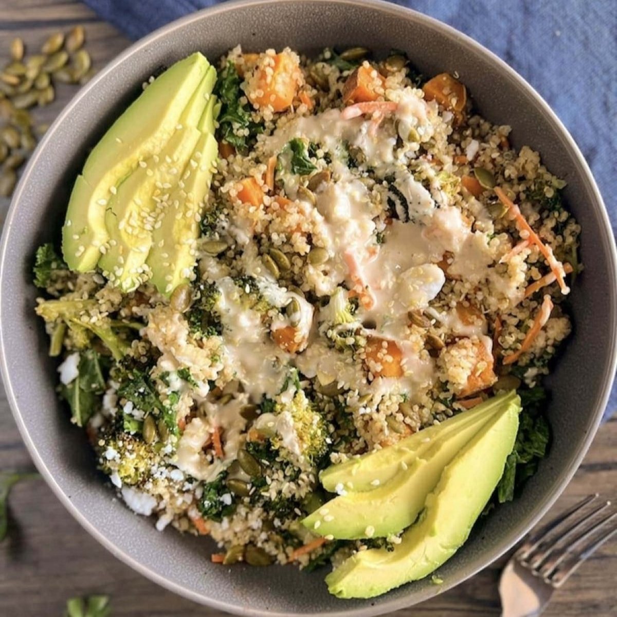Warm Roasted Veggie Quinoa Salad With Creamy Sesame Dressing