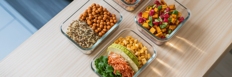 Glass containers with vegan meal prep ideas.