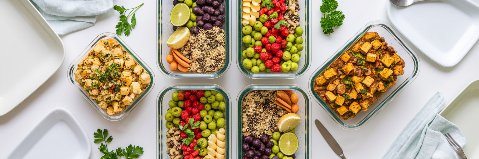 Glass containers with vegan meal prep ideas