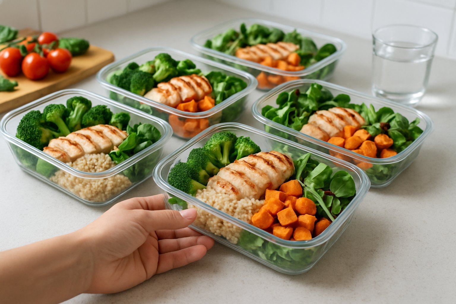 Meal prep containers filled with grilled chicken, vegetables, and quinoa arranged on a kitchen countertop.