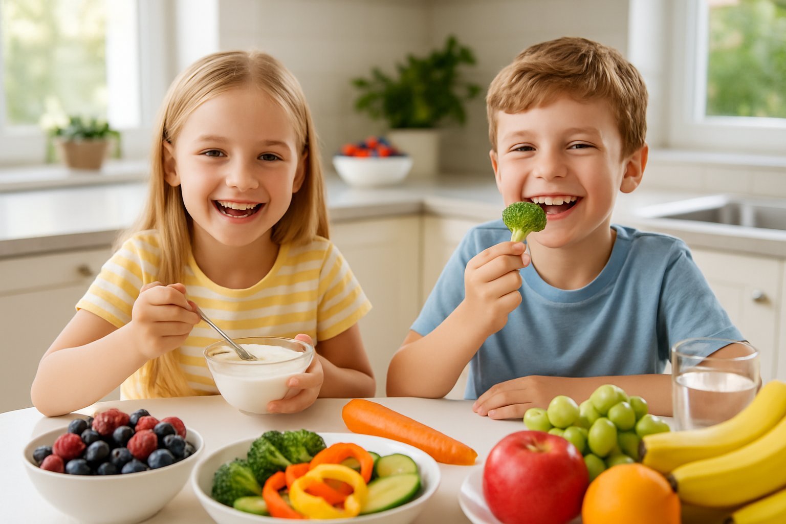 Two children sitting at a kitchen table eating healthy snacks surrounded by fresh fruits and vegetables.
