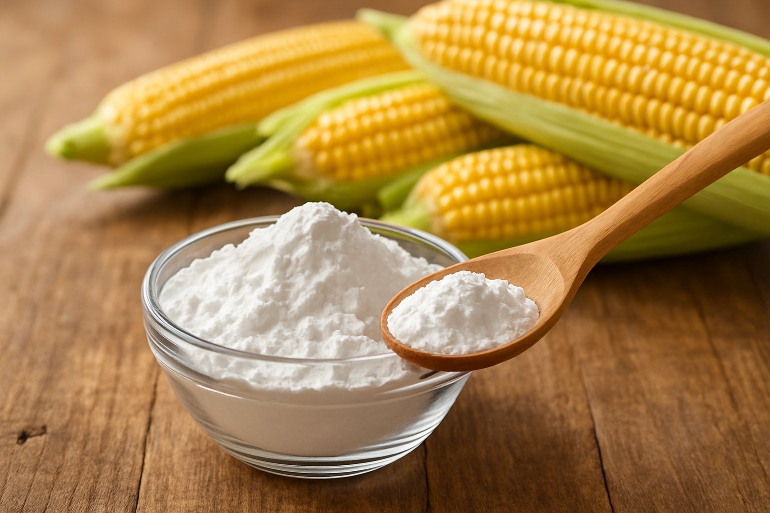 A bowl of white cornstarch powder on a wooden table next to a wooden spoon and fresh yellow corn cobs.