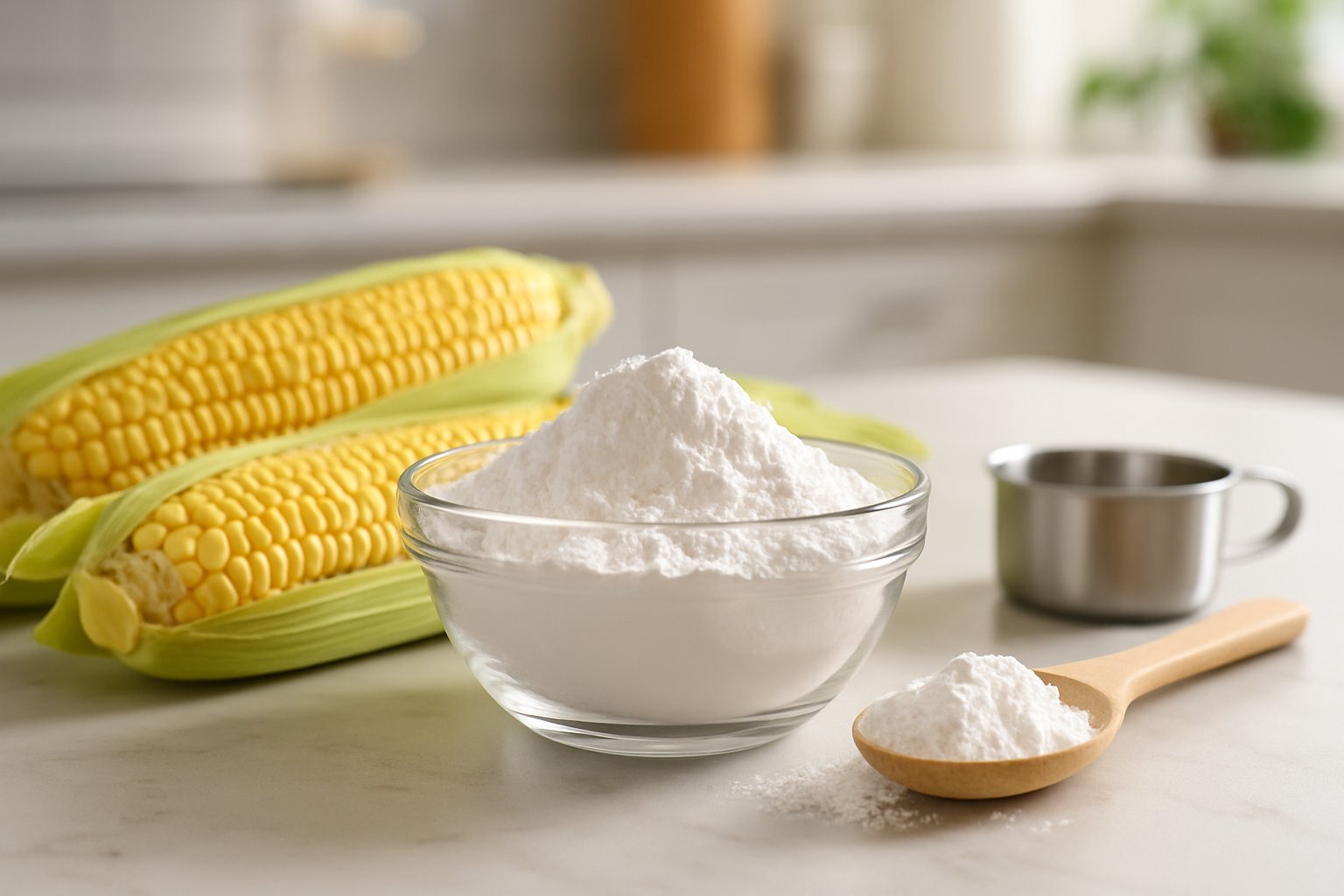 A bowl of white cornstarch powder on a kitchen countertop with fresh corn cobs and a wooden spoon nearby.