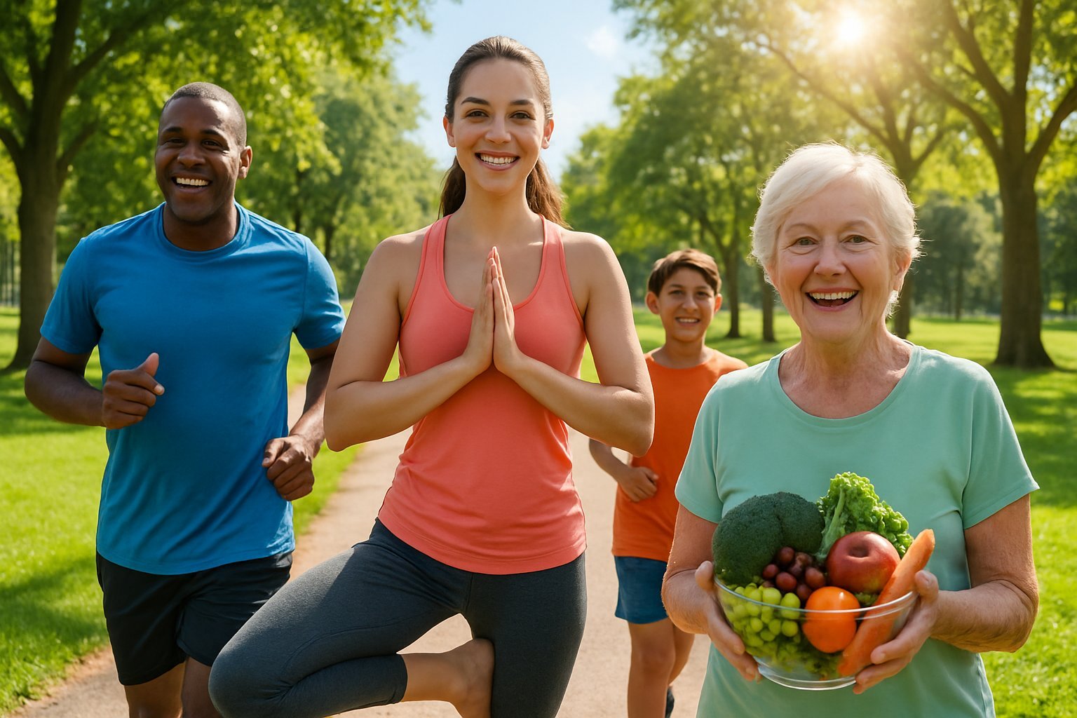 A diverse group of people exercising and enjoying fresh fruits outdoors in a sunny park.