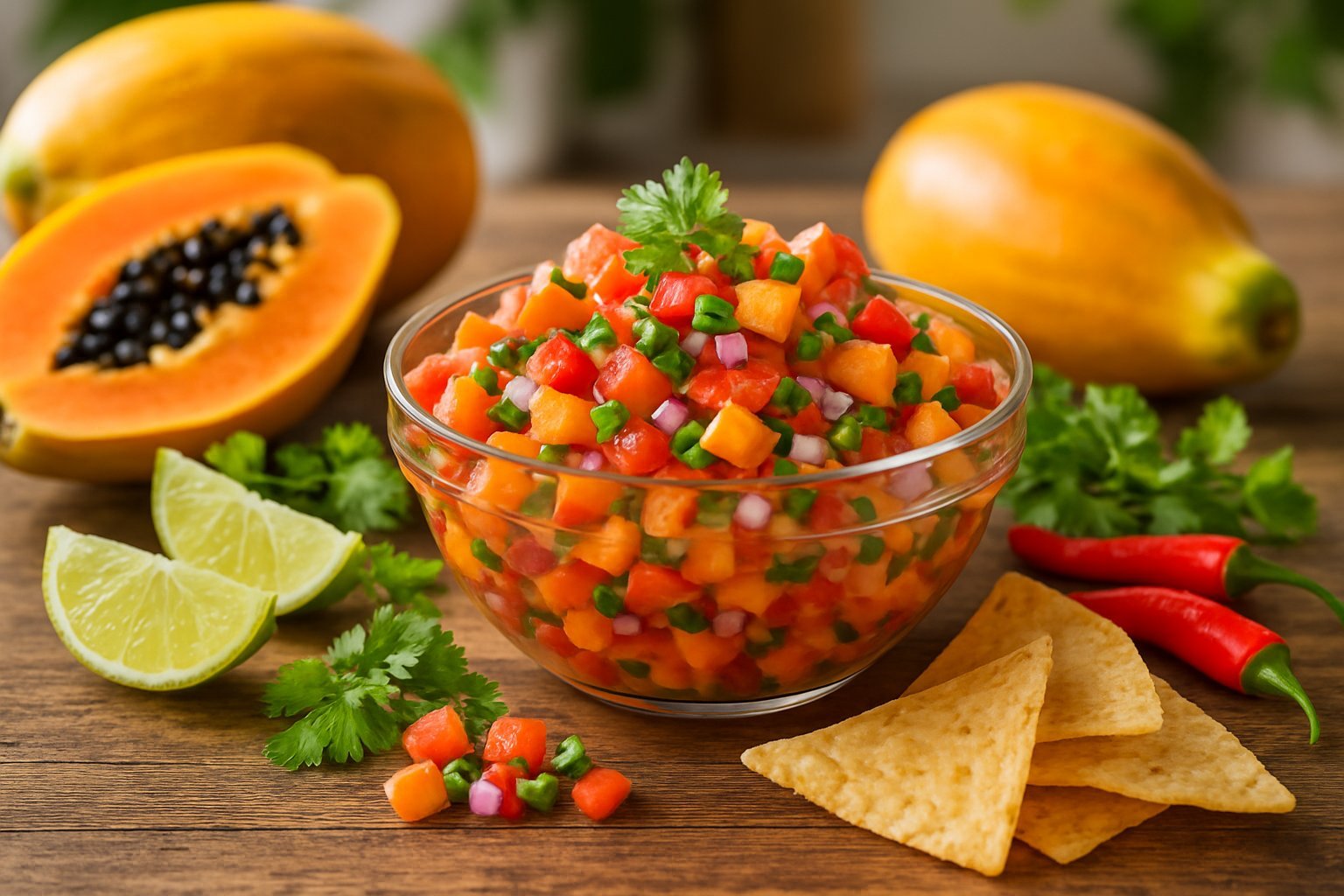A bowl of fresh papaya salsa with diced papaya, tomatoes, onions, and herbs on a wooden table surrounded by fresh papayas, lime wedges, cilantro, chili peppers, and tortilla chips.