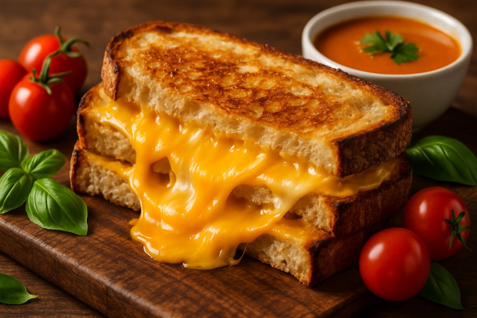 A grilled cheese sandwich cut in half with melted cheese oozing out, placed on a wooden board with cherry tomatoes, basil, and a bowl of tomato soup nearby.