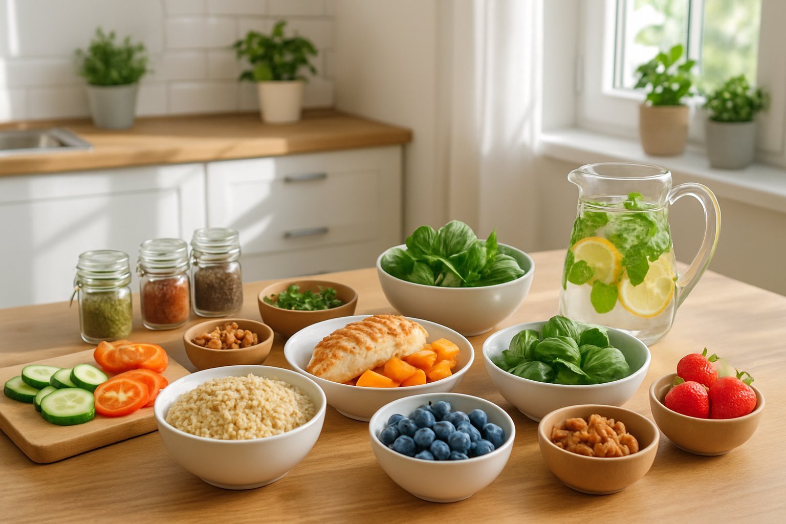 A kitchen table with a variety of fresh low FODMAP foods including grilled chicken, vegetables, fruits, and herbs arranged for meal preparation.