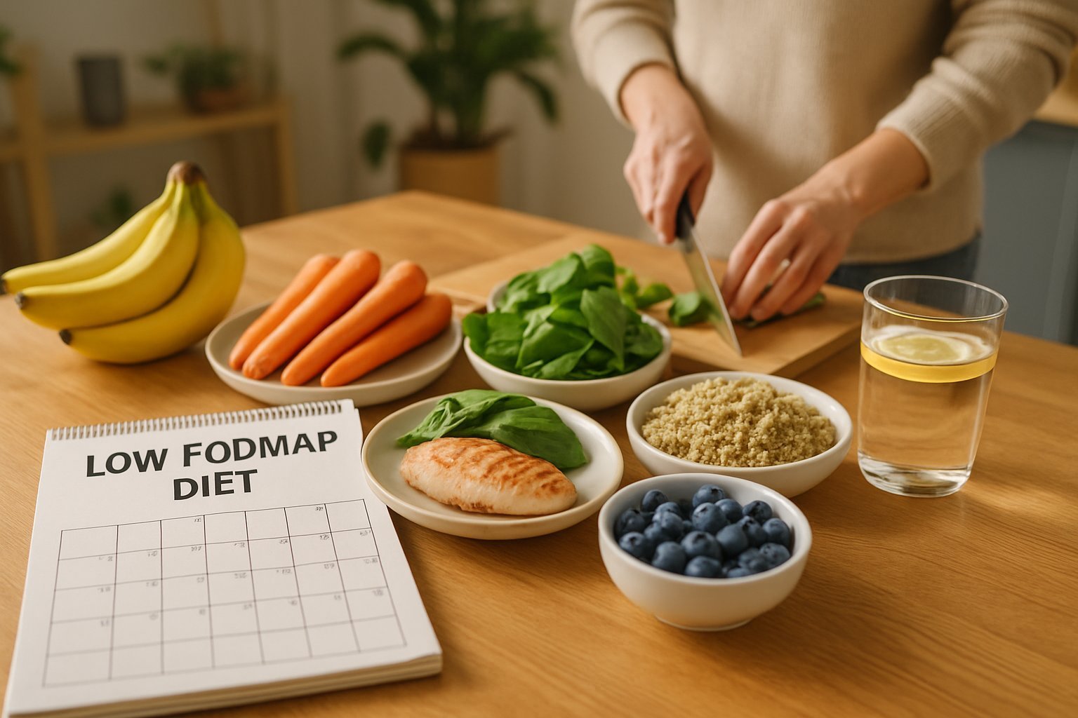 A kitchen table with fresh low FODMAP foods like bananas, carrots, spinach, grilled chicken, and quinoa, with a person preparing a meal in the background.