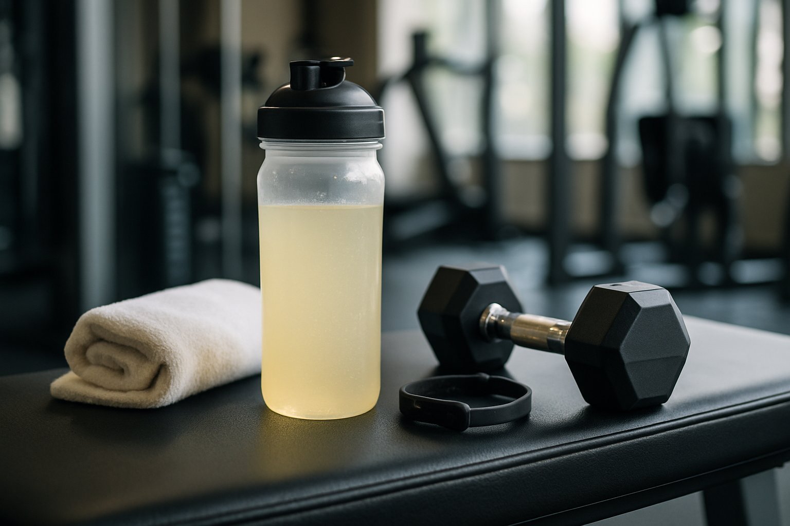 A sports bottle filled with a clear drink on a gym bench next to dumbbells and a towel in a gym setting.