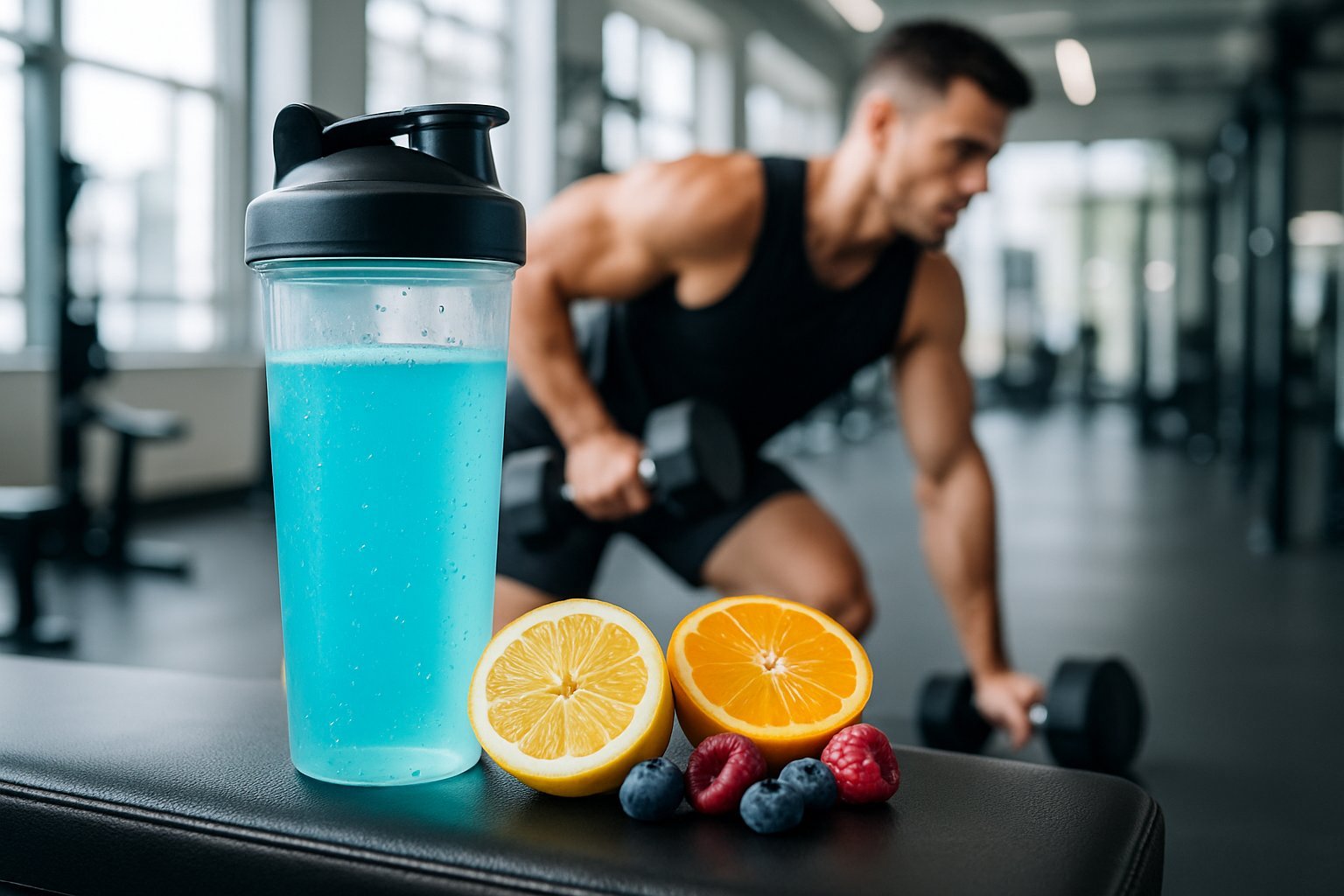 A gym scene showing a shaker bottle filled with a colorful drink on a bench, with fresh fruits nearby and a person exercising in the background.