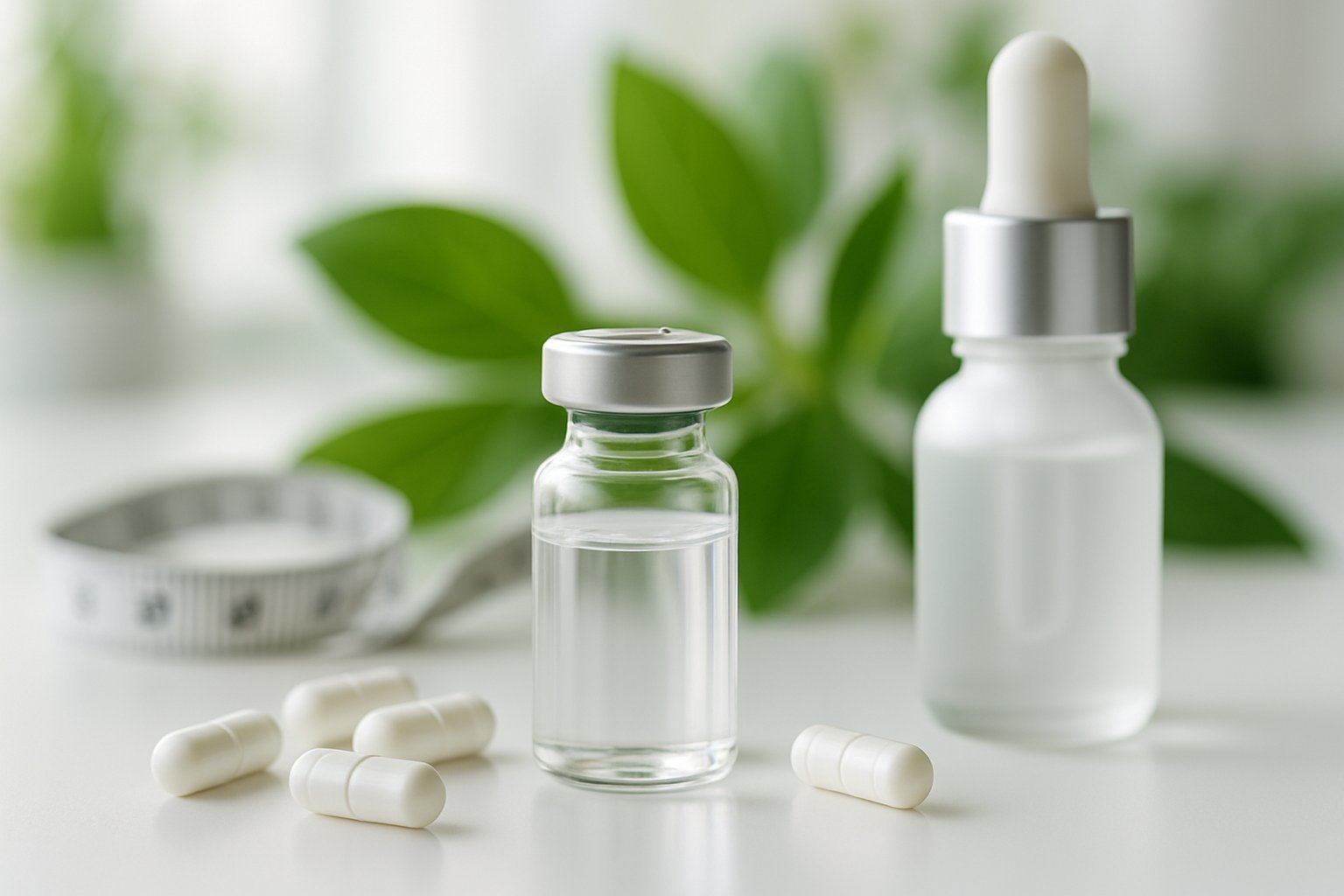 Close-up of a glass vial, peptide capsules, a dropper bottle, fresh green leaves, and a measuring tape arranged on a white surface.
