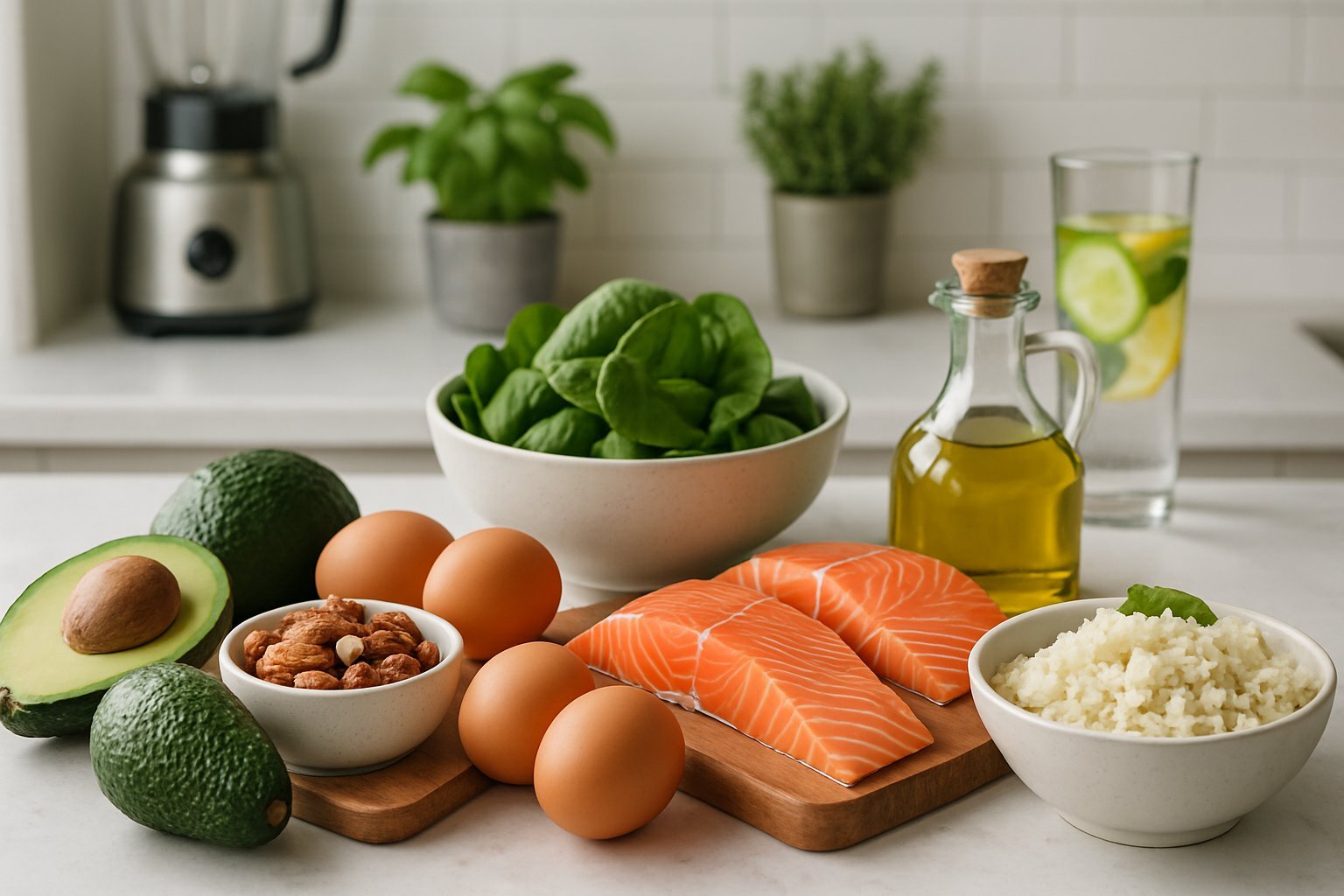 A kitchen countertop with fresh ketogenic and gluten-free foods including avocados, eggs, nuts, leafy greens, salmon, cauliflower rice, and olive oil arranged neatly.