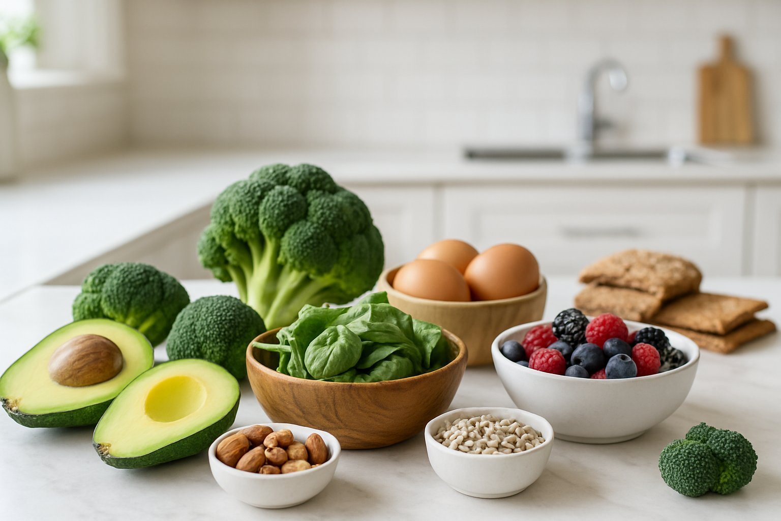 A kitchen countertop with fresh ketogenic and gluten-free foods including vegetables, nuts, eggs, berries, and gluten-free bread.