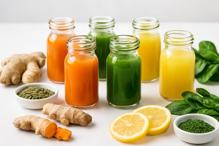 A collection of small glass bottles filled with colorful gut health shots surrounded by fresh ingredients like ginger, turmeric, lemon, and leafy greens on a white surface.