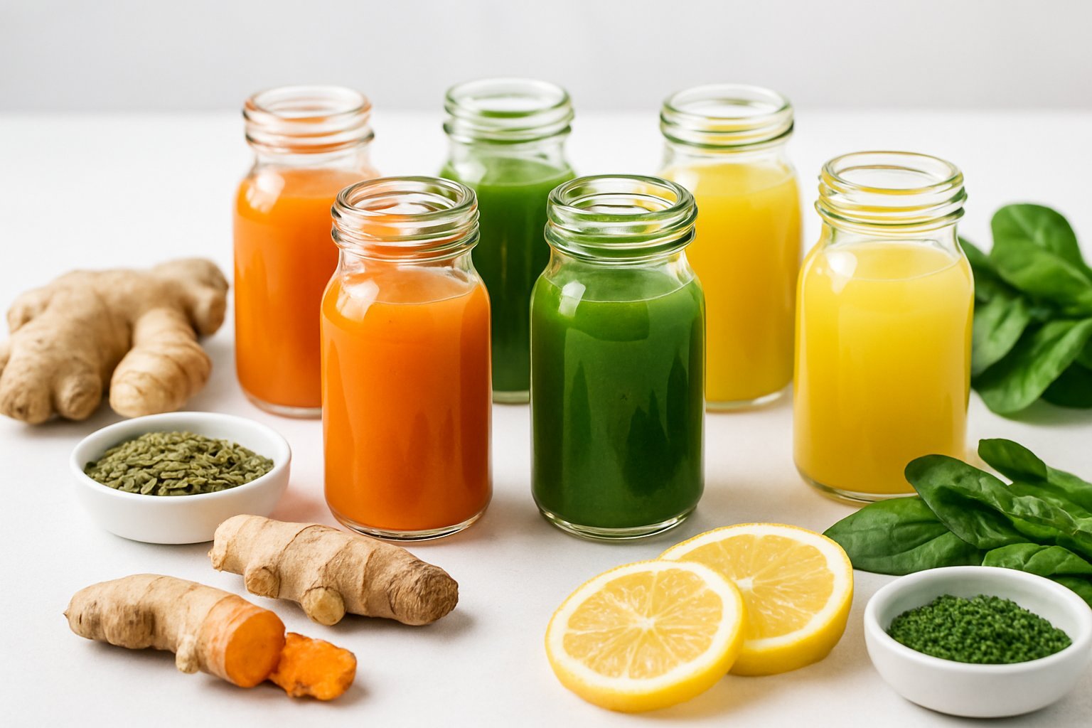 A collection of small glass bottles filled with colorful gut health shots surrounded by fresh ingredients like ginger, turmeric, lemon, and leafy greens on a white surface.