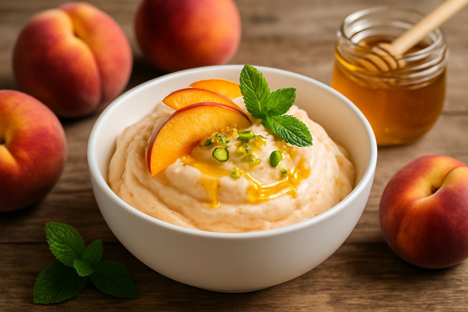 A bowl of peachy Greek frozen yogurt topped with peach slices, honey, and crushed pistachios on a wooden table surrounded by fresh peaches and a honey jar.